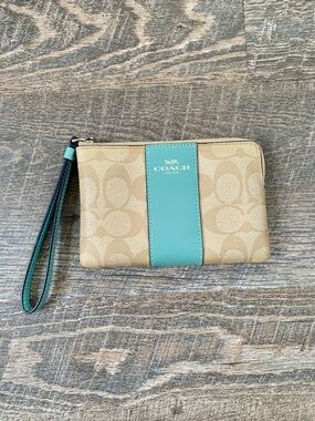 Coach Tan Canvas Wristlet with Teal Center Stripe